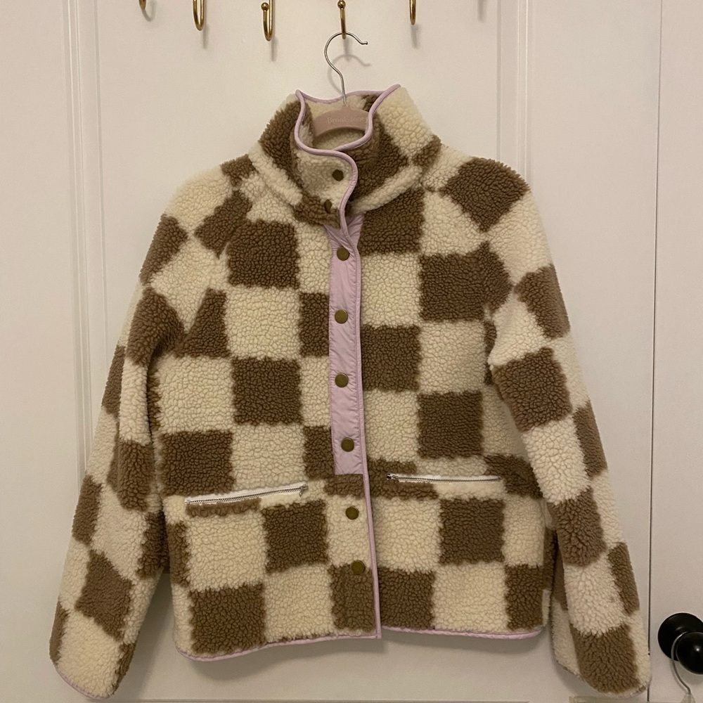 Checkered Teddy Jacket - Cream and Brown